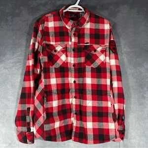 Vintage Akoo Flannel Button Down Shacket Red Plaid Shirt Timber Ridge Patch XL